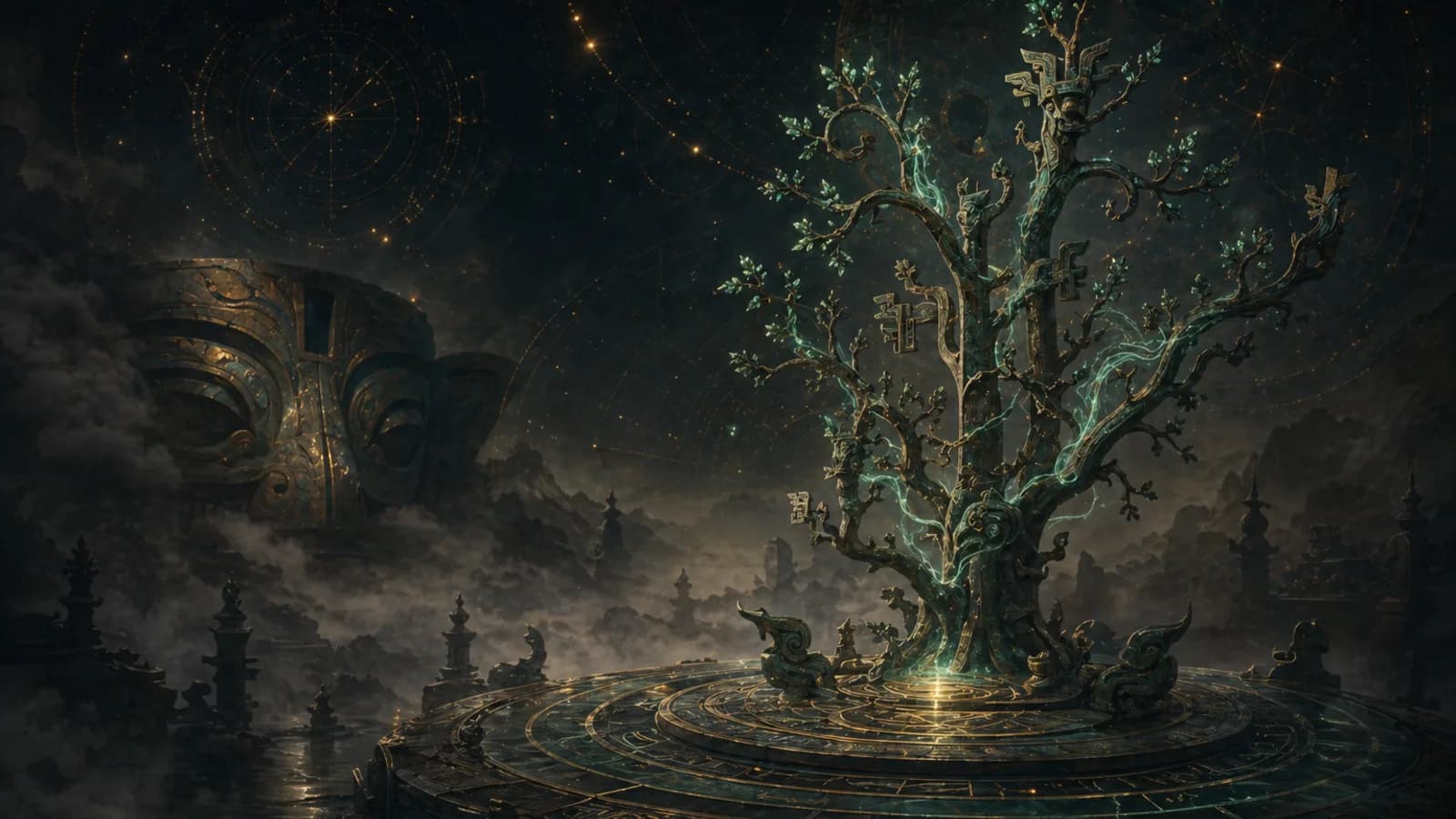 Sacred bronze tree rising from a celestial platform in mist