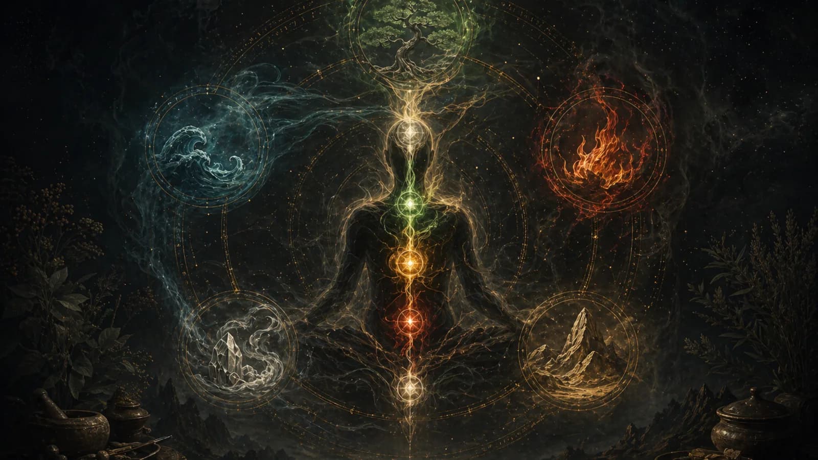 Abstract five-elements energy body with meridian light