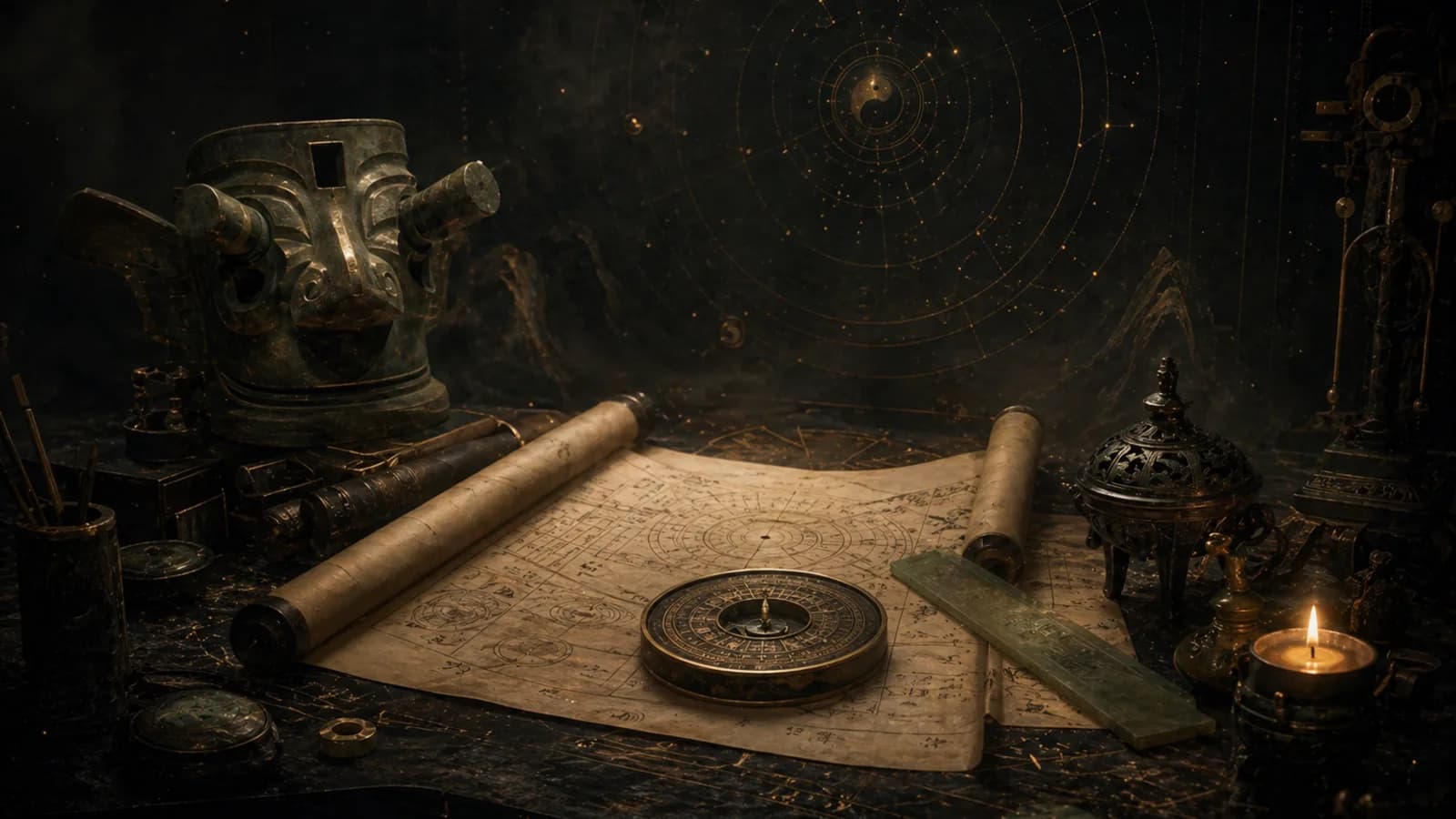 Ancient study table with scrolls, compass, bronze and jade tools